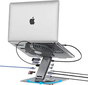 Laptop Docking Station Stand with Fan Aluminum Laptop Riser with USB-C Hub 11-IN-1 4K60Hz HDMI 100W PD Charging USB3.0 Ethernet Audio TF/SD, 360° Swivel, for MacBook Pro/Air, iPad Pro & Type-C Laptops - Image 1