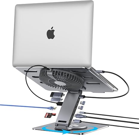 Laptop Docking Station Stand with Fan Aluminum Laptop Riser with USB-C Hub 11-IN-1 4K60Hz HDMI 100W PD Charging USB3.0 Ethernet Audio TF/SD, 360° Swivel, for MacBook Pro/Air, iPad Pro & Type-C Laptops - Image 3