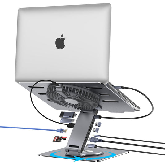 Laptop Docking Station Stand with Fan Aluminum Laptop Riser with USB-C Hub 11-IN-1 4K60Hz HDMI 100W PD Charging USB3.0 Ethernet Audio TF/SD, 360° Swivel, for MacBook Pro/Air, iPad Pro & Type-C Laptops