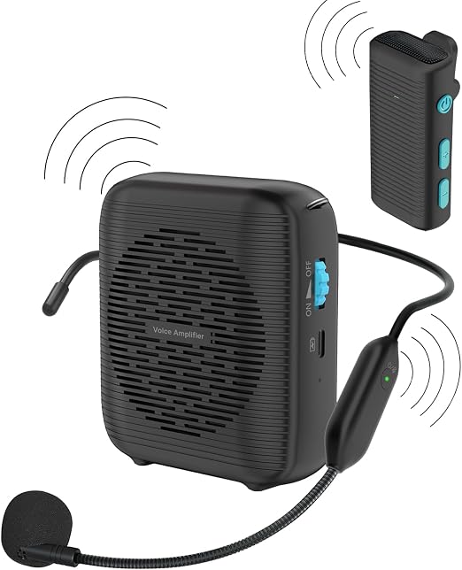 AI Wireless Voice Amplifier with 2 Wireless Mics(1 Lavalier mic & 1 Microphone Headset), Bluetooth 5.3 PA System for Teachers, Tour Guide, Yoga - 15H Rechargeable Battery, Waist-Mount Design