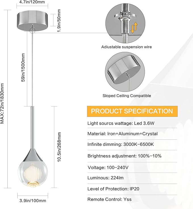 Teardrop Crystal Pendant Light – 4W LED Pendant Light with Remote Dimmable 3 Color Temperature Crystal Raindrop Chandelier for Bathroom, Kitchen Island,Dining Room,Bar (Chrome 1-Light)