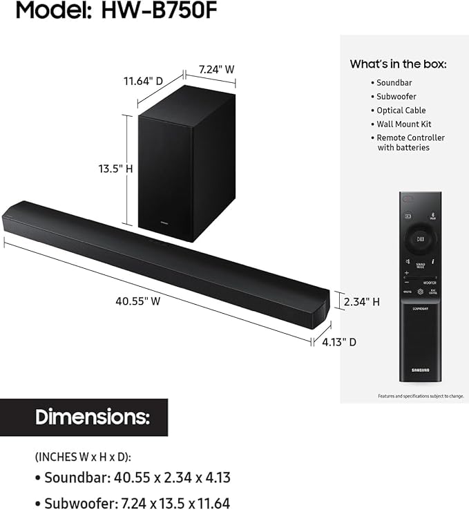 Samsung B-Series B750F 5.1ch Soundbar with Subwoofer & Rear Speakers, Q-Symphony, Dolby Audio, DTS Virtual:X, Bluetooth TV Sound Bar for Home Entertainment