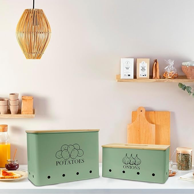 Potato Onion Kitchen Storage Canisters,Storage Bin For Kitchen 2 Pack Set,potatoe, Potato Storage Box，storage And Long Shelf Life With Aerating Tin Storage Holes-Green
