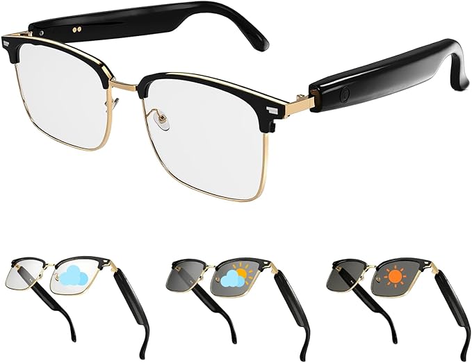 AI Smart Glasses Bluetooth Audio Glasses Sunglasses with Photochromic Lenses, Translation, Music, Calls, Voice Assistant, Open-Ear Stereo Speakers, Blue Light Filter & UV Protection Men Women