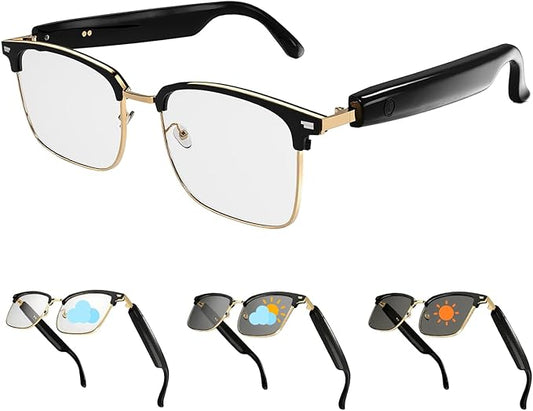 AI Smart Glasses Bluetooth Audio Glasses Sunglasses with Photochromic Lenses, Translation, Music, Calls, Voice Assistant, Open-Ear Stereo Speakers, Blue Light Filter & UV Protection Men Women