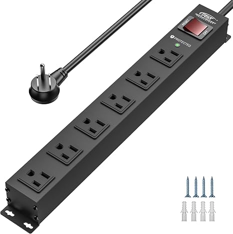 CRST 6 Outlet Heavy Duty Metal Power Strip with Switch 15A/1875W, 6FT Cord