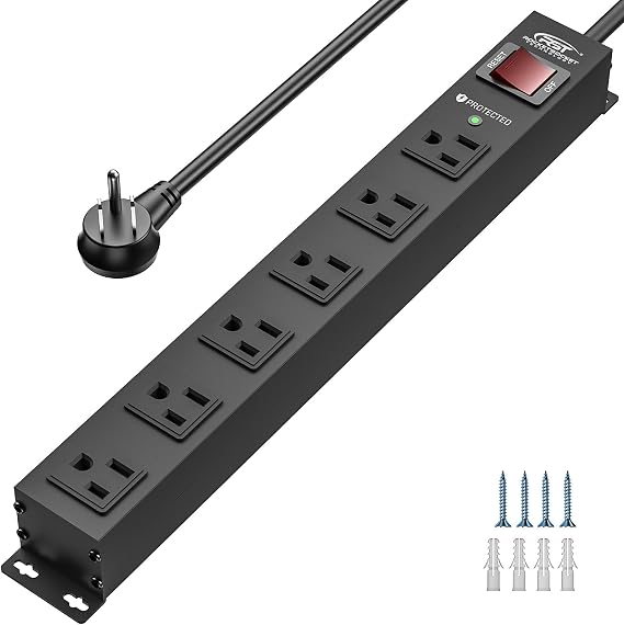 CRST 6 Outlet Heavy Duty Metal Power Strip with Switch 15A/1875W, 6FT Cord