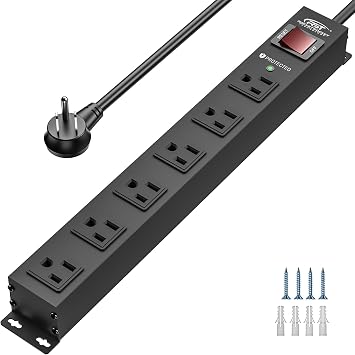 CRST 6 Outlet Heavy Duty Metal Power Strip with Switch 15A/1875W, 6FT Cord