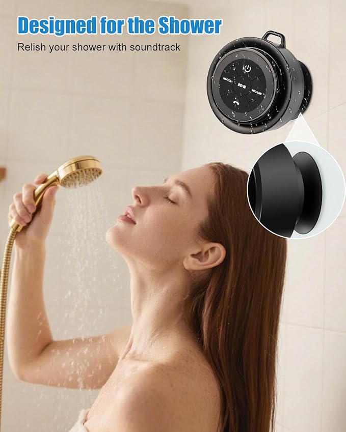 Shower Speaker Bluetooth Waterproof, Portable Mini Bluetooth Shower Speakers Waterproof with Suction Up and Clip, IPX7 Waterproof Floating Bathroom Speaker for Pool Beach Kayak, Beach Gifts（Black