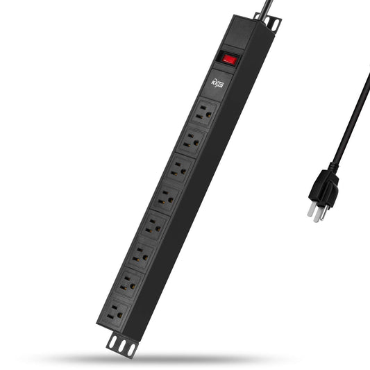 KMC 8-Outlet Metal Power Strip Surge Protector, Rack Mount PDU, Metal Mounting Brackets, 6 Foot Extension Cord, 1800 Joules, 125V/15A, Black