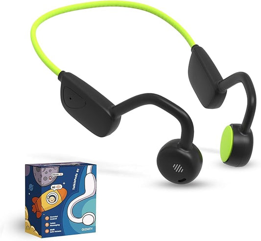 Kids Bluetooth Headphones, Air Conduction Open-Ear Headphones, Mic/Touch, 85dB Limit, Parental Control, Clear Audio, Lightweight, Rugged & Durable, IP54/20H, Earbuds for School/Travel - Black Green