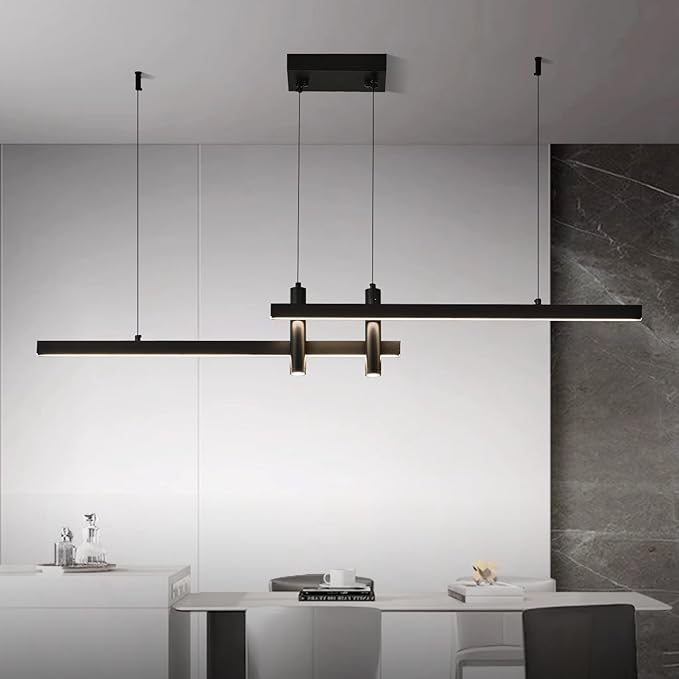 Modern Black Linear Pendant Lights Kitchen Island Lighting Minimalist Led Chandeliers Pool Table Light Dimmable Ceiling Hanging Light Fixture Dining Room with Remote Control (47in)