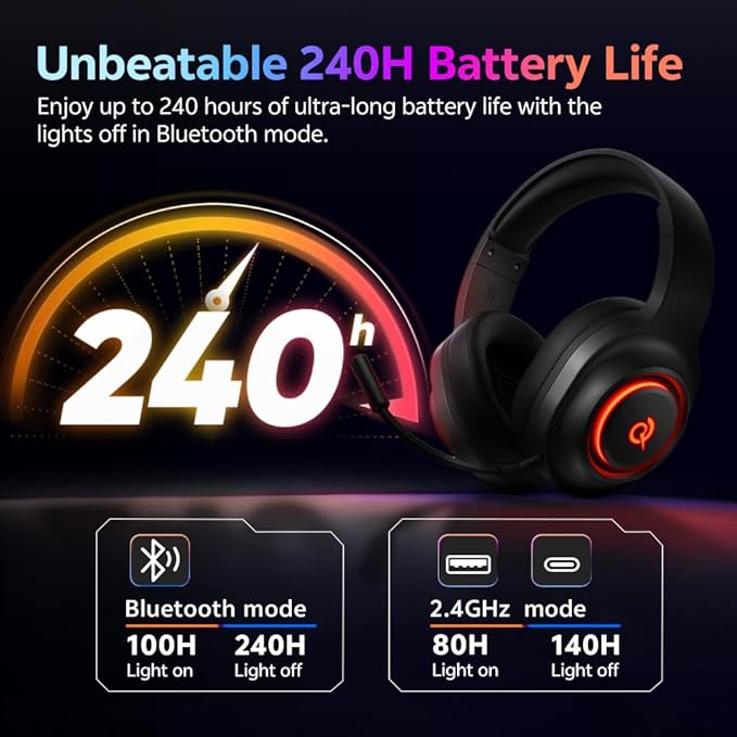 QCY Gaming Headset for PC/PS5/PS4/Switch, HEROAD V200 Over Ear Headphones, USB-C, 240Hr Battery, 7.1 Surround Sound, 2.4GHz Wireless Headphones for Multi-Platform, Bluetooth 6.0