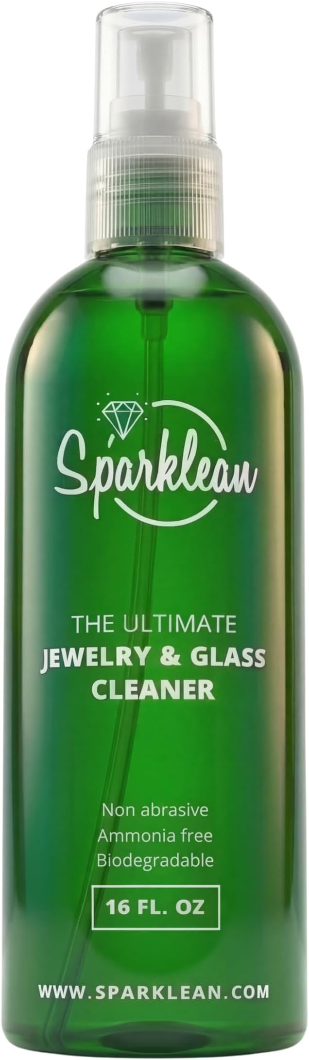 SPARKLEAN Jewelry & Glass Cleaner Spray (16 Oz) - Biodegradable, Ammonia-Free Solution for Gold, Silver & Diamond Rings - Safe for Ultrasonic Machines - Eco-Friendly - Value Size
