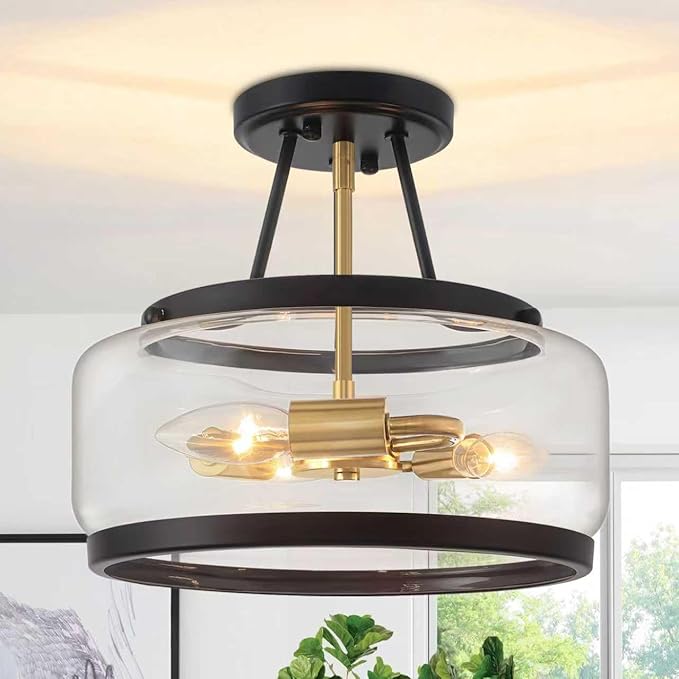 11.81" Black and Brushed Gold Close to Ceiling Light, 3-Light Modern Drum Light Fixtures, Hallway Ceiling Lights, Glass Ceiling Lamp for Entryway Bedroom Laundry Kitchen Dining Room Lighting UL-Listed