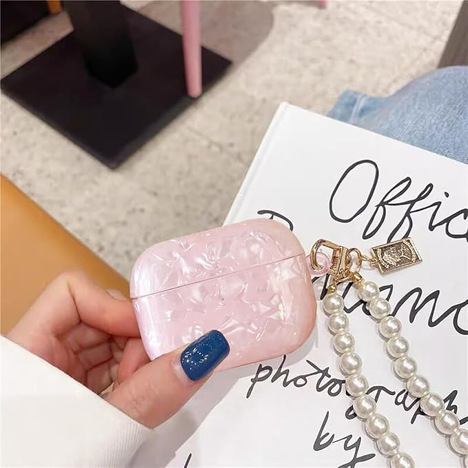 for Cute Glitter Airpods Pro 2nd/1st Generation Case with Cleaner Pen, Shell Pattern Airpods iPod Pro 2 Gen Cover Protective Skin Girl Women with Luxury Pearl Keychain 2023/2022/2019 - Pink