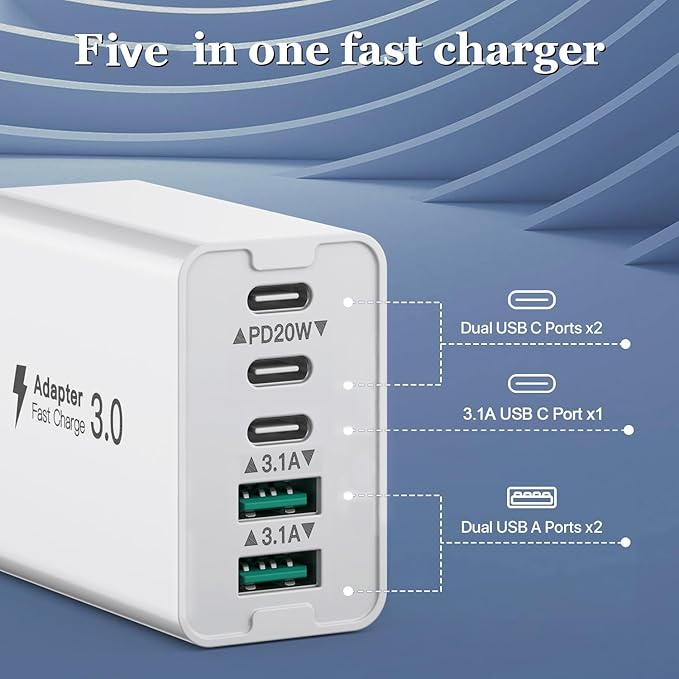 USB C Wall Charger, 50W 5 - Port Charger Block, Fast Charging 3 Type - C + 2 QC Wall Plug Multiport for iPhone 12/13/14/15, PD Fast Charger Power Adapter for Samsung S23/S22/S21/Tablet