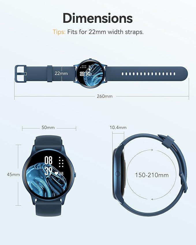 AGPTEK Smart Watch for Women Men, 5ATM Waterproof Smartwatch for Android and iOS Phones, Fitness Tracker Watch with 100+ Sports Modes, Heart Rate Monitor Pedometer Sleep Monitor, Blue