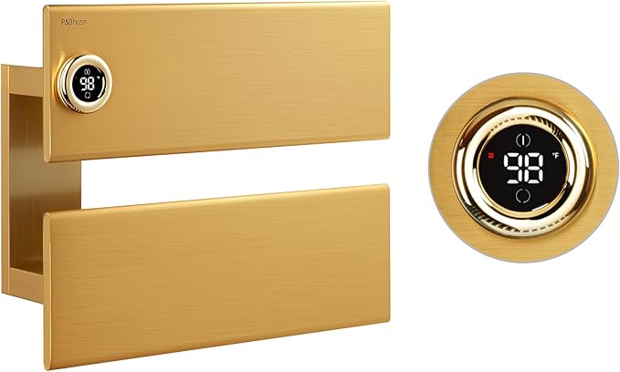 P&Bhusri Electric Heated Towel Rack, Gold Towel Warmer with Adjustable Temperature (98–149°F) and Timer (1-24h, On), Fast Heating and Drying for Bathroom, Memory & Remote Control Compatible