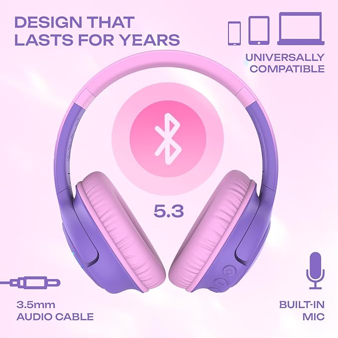 PowerLocus Kids Wireless Headphones, Bluetooth Kids Headphones LED Lights Over Ear with 74/85/94dB Volume Limited, 45H Playtime,Built-in Mic, Two Device Share Mode, HD Stereo for Travel/PC/Tablet