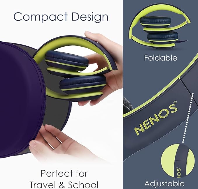 NENOS Kids Headphones Volume Limited Over Ear Headphones for Kids Foldable Headphones for Children Boys Girls Toddler Ideal for Tablet, Smartphone, Laptop Headset for School, Travel (Lime)