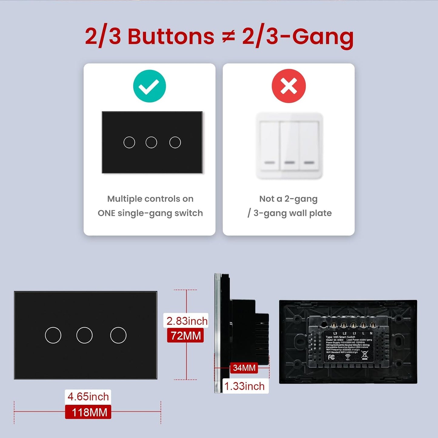 Smart Wi-Fi Light Switch – 3-Gang, No Neutral Wire Required, Alexa & Google Home