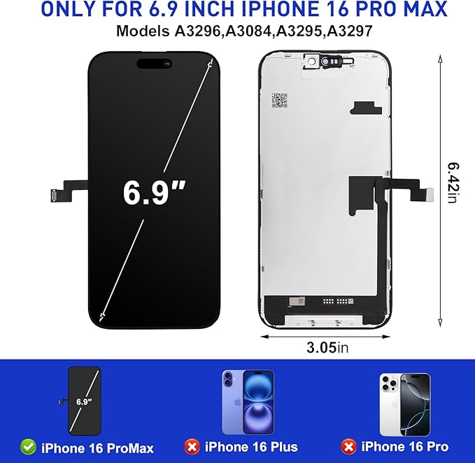 for iPhone 16promax Screen Replacement Kit Full Assembly with True Tone, iPhone 16pro max LCD Display Digitizer Screen with 3D Touch Digitizer and Repair Tools Kit-Model A3296, A3084, A3295, A3297