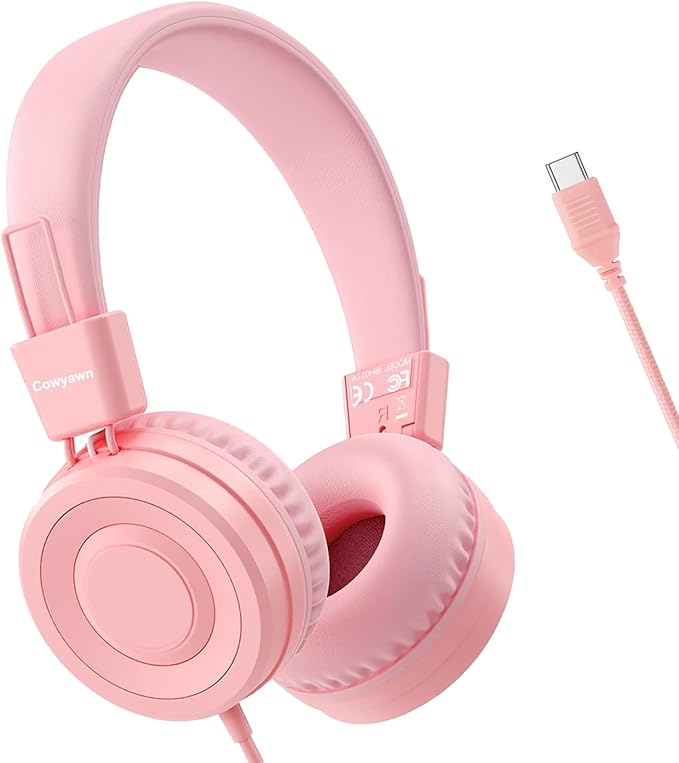 USB Type C Kids Headphones for School, Wired Toddler Headphones, 94dB Volume Limited, HD Stereo Sound, Foldable Lightweight On-Ear Wired Headphones for Kids/Children/Teens/Boys (Light Pink)