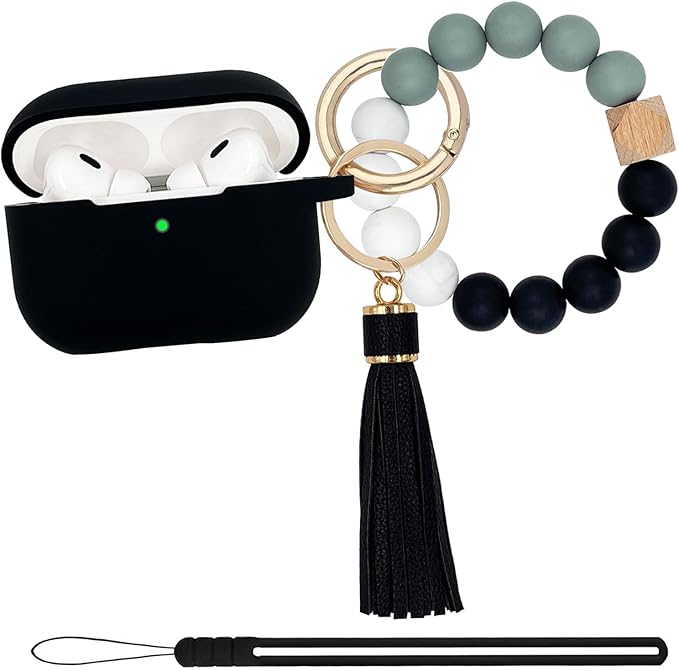 Compatible with Airpods Pro 2nd Generation Case Cover 2022, Soft Silicone Protective Cover with Bracelet Keychain for Apple Airpods Pro 2 Case for Women (Black)