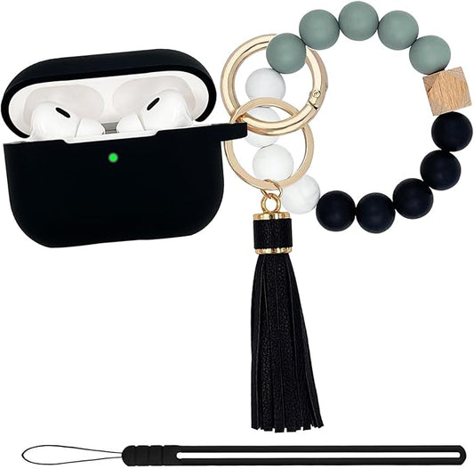Compatible with Airpods Pro 2nd Generation Case Cover 2022, Soft Silicone Protective Cover with Bracelet Keychain for Apple Airpods Pro 2 Case for Women (Black)