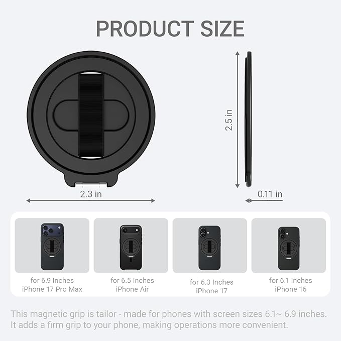 Grat 4 for Magsafe Magnetic Phone Grip Stand, 360° Rotatable Elastic Strap Loop, Detachable Ultra-Thin Aluminum Ring Kickstand Compatible with iPhone 17 Pro Max Air 16 15 14 13 12, Black