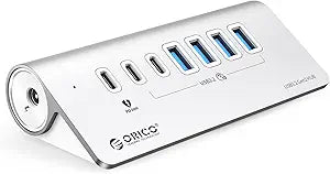 ORICO 7-Port USB 3.2 Gen2 Hub, Powered USB 3.2 Hub with 4 USB-A, 2 USB-C, PD 60W, 72W Power Adapter, 10Gbps Aluminium USB-Splitter with 1.64Ft USB-C to USB-A/C Cable for iMac, MacBooks, Mac mini - Image 1