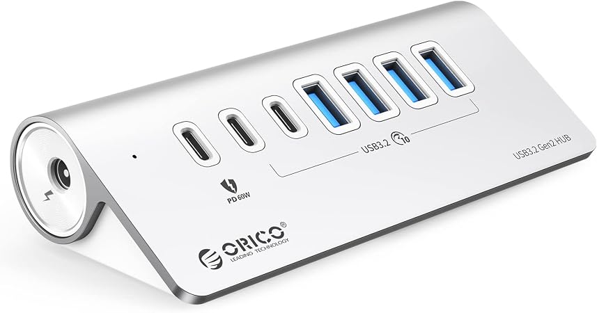 ORICO 7-Port USB 3.2 Gen2 Hub, Powered USB 3.2 Hub with 4 USB-A, 2 USB-C, PD 60W, 72W Power Adapter, 10Gbps Aluminium USB-Splitter with 1.64Ft USB-C to USB-A/C Cable for iMac, MacBooks, Mac mini - Image 3