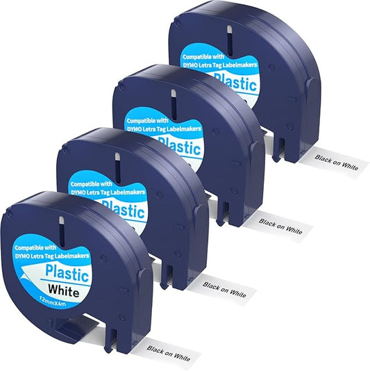 4 Pack Compatible with Dymo Letratag Refills 91201 91331 S0721660 Label Maker Tape White Plastic 12mm x 4m 1/2" x 13', Work with Dymo Letra Tag LT-100H LT-100T Plus 200B QX50 XR XM 2000