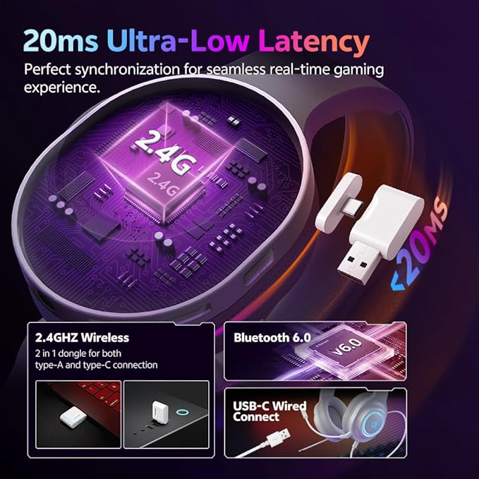 QCY Gaming Headset for PC/PS5/PS4/Switch, HEROAD V200 Over Ear Headphones, USB-C, 240Hr Battery, 7.1 Surround Sound, 2.4GHz Wireless Headphones for Multi-Platform, Bluetooth 6.0