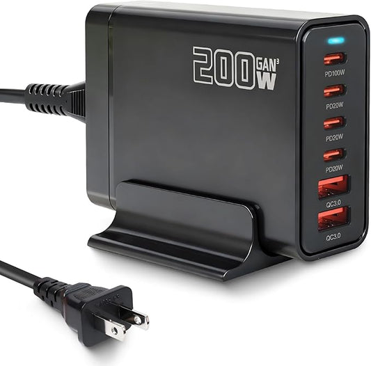 200W USB C Charger, GaN Ⅲ PD 100W 6-Port Charging Station for Multiple Devices, Portable Laptop Fast Charging, Adapter for iPad iPhone 17 16 15 14 13 12, MacBook Pro Galaxy, 5ft Cord