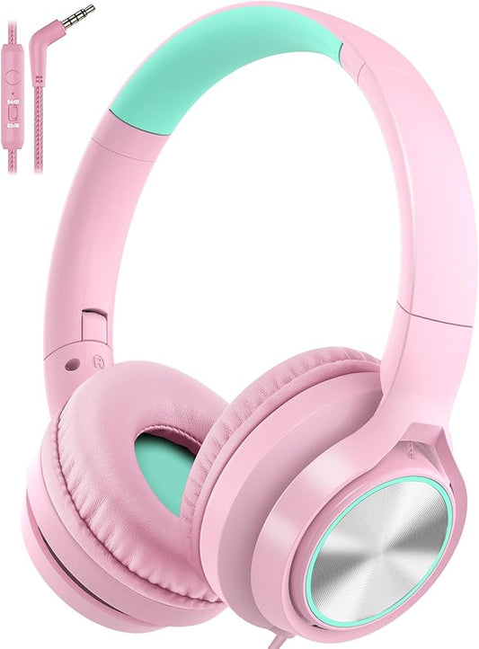 Kids Headphones with Microphone, Wired Over Ear Headsets with Limited Volume 85dB/ 94dB for Boys Girls Teens Children Online School/Travel/iPad/Tablet/Cellphone Pink
