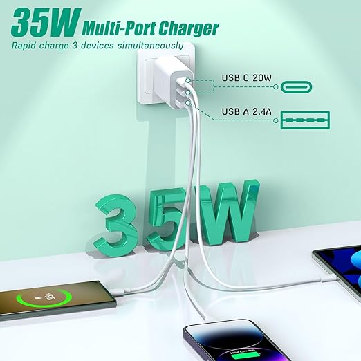 [3Pack]iPhone 17 16 15 Fast Charger Block 35W 3-Port Fast USB C Charger Block Multiport Double Port PD+QC Wall Plug Compatible with iPhone 17/17 Pro/16 ProMax/16 Plus/iPhone 15/15Pro/15 ProMax/14/13