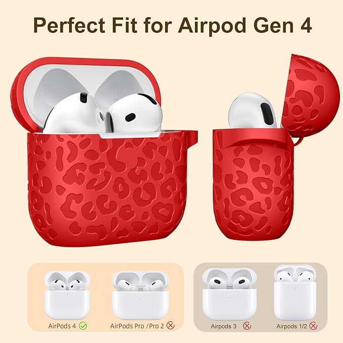 Leopard Engraved for AirPods 4 Case Cover 2024,Soft Silicone Protective Case Compatible with Apple AirPods 4th Generation Case for Women,Cute AirPod 4 Case Accessories with Keychain (Red)