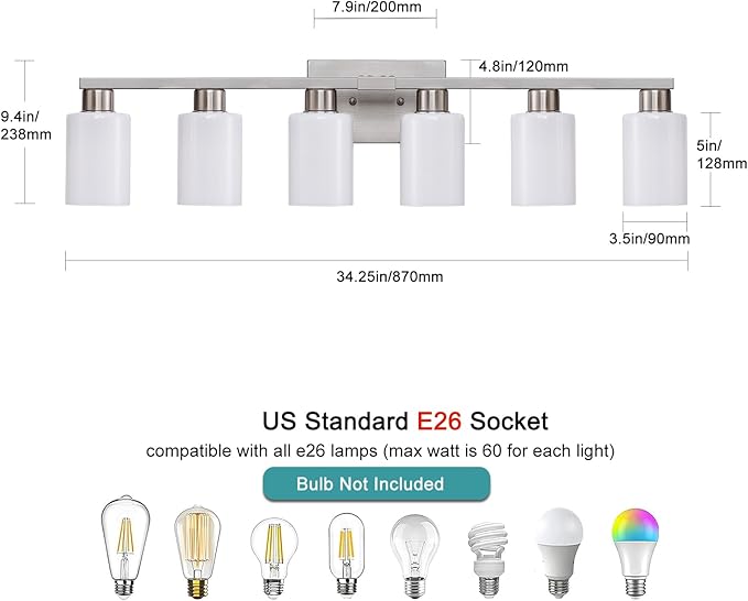 6-Light Bathroom Vanity Light, Brushed Nickel Fixture with Milky White Frosted Glass Shades, Large Over-Mirror Lighting for Bathroom, Modern Vanity Lights