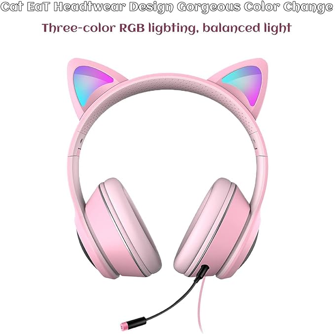Cat Ear Gaming Headphones Wired AUX 3.5mm with LED Light, VIGROS Flashing Stereo Game Headphones Surround Sound Over-Ear Headsets with Microphone Fit Kids & Adult for PC, PS4, Switch, Mobile, Laptop