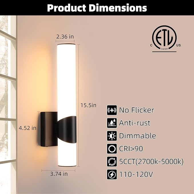 Black Wall Sconces Set of Two 15 inch 5CCT Dimmable Bathroom Sconce with Acrylic Shade LED Hardwired Wall Light Fixtures for Bathroom Living Room Bedroom Hallway, 2 Pack