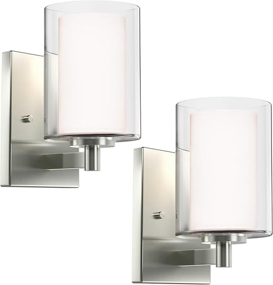 Kalium Wall Sconces Set of Two Modern Vanity Lights with Double Clear Glass Shade Brushed Nickel Indoor Farmhouse Wall Light for Bathroom Living Room Bedroom Hallway Bulb E26 Base (2PCS)