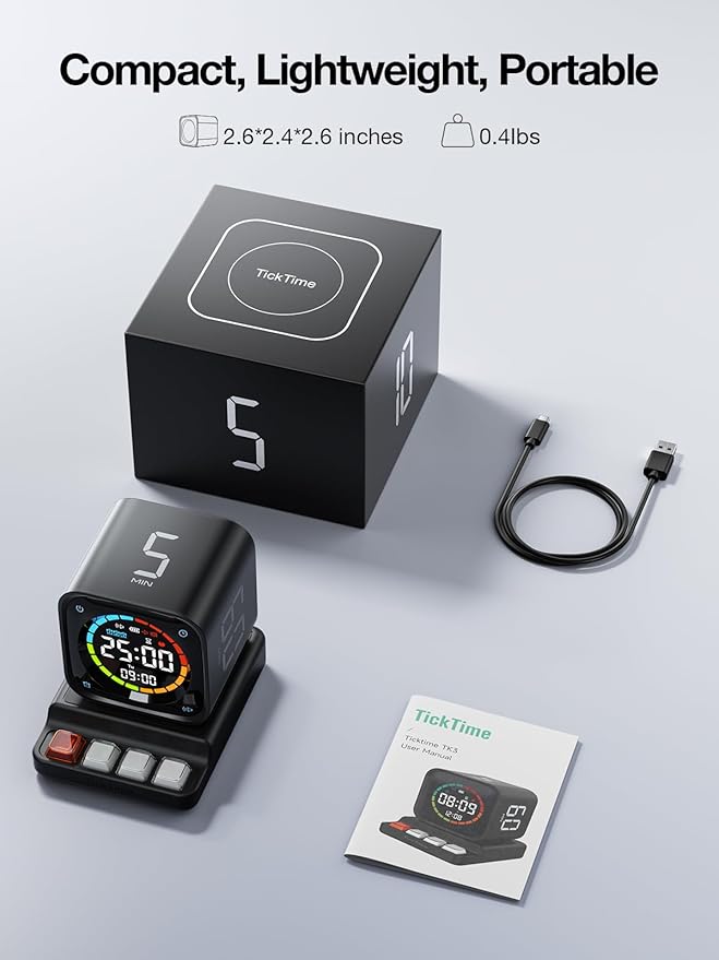 TK3 Pomodoro Timer Cube, Desk Productivity Timer with 5/10/30/60 Min Presets, Custom Countdown, Stopwatch, Clock, 3 Alarm, Silent, Vibrate & Sound Mode, for Task, ADHD, Study, Kitchen (Obsidian Black)