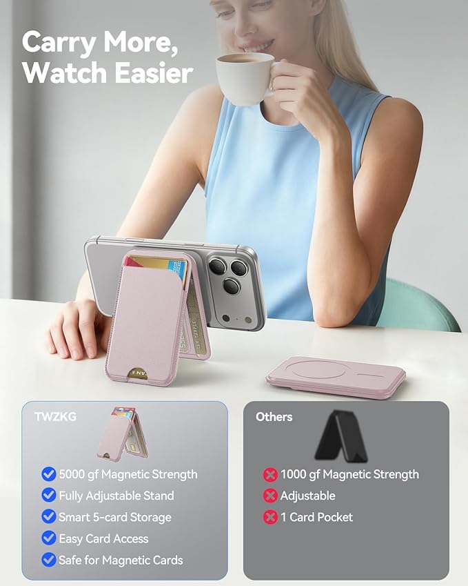 for MagSafe Wallet, 5 Cards Holder with Stand, Magnetic Phone Wallet Stand for iPhone 17/16/15/14/13/12 Pro Max Air Plus Series, RFID Blocking Vegan Leather,Pink
