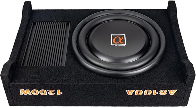 Alphasonik AS100A 10" 1200 Watts with a Built-in Amplifier Down-Firing Shallow Mount Enclosed for Tight Spaces in Cars and Trucks, Slim Thin Loaded Subwoofer Air Tight Sealed Bass Enclosure