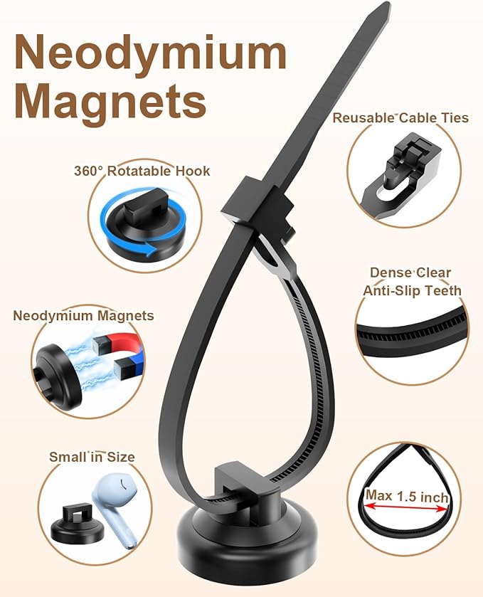 130 Pcs Magnetic Cable Zip Tie Mounts(30 Strong Neodymium Magnets & 100 Releasable Nylon Cable Ties)19 mm Multipurpose Wire Holder Management for Electrical Wiring Organization Supplies