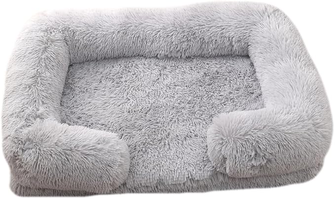 Orthopedic Dog Bed for XXL Dogs - Washable Memory Foam Pet Sofa, Fluffy Plush Rectangular Bed, Waterproof Anti-Anxiety Couch, Light Gray, XXL