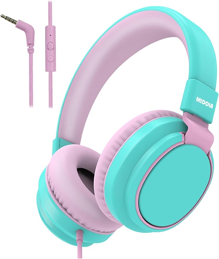 MIDOLA Kids Headphone Wired Volume Limited 85/94dB Over-Ear/On-Ear Foldable Headset with Microphone Hearing Protection Headphones for Toddler Boy Girl Child School Learning Pad Tablet Cyan