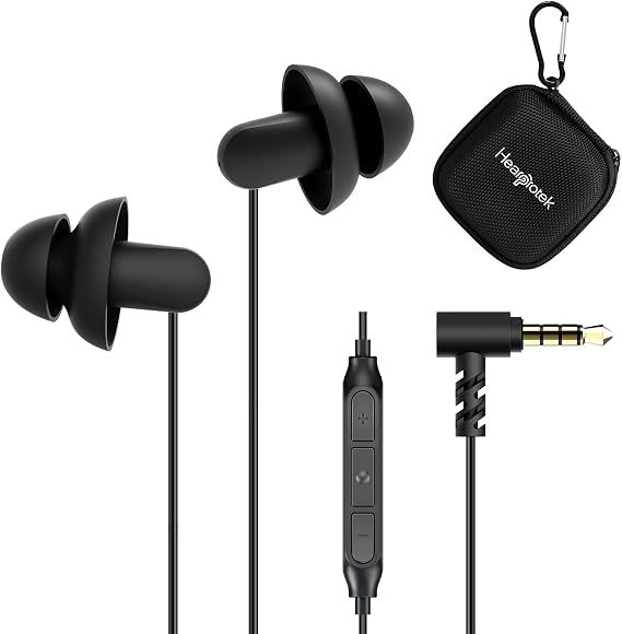 Sleep Earbuds, Hearprotek 2 Pairs Ultra Soft Lightweight Silicone Sleeping Earphone Headphones with Volume Control and mic for Side Sleeper, Snoring, Air Travel, Relaxation (Black)